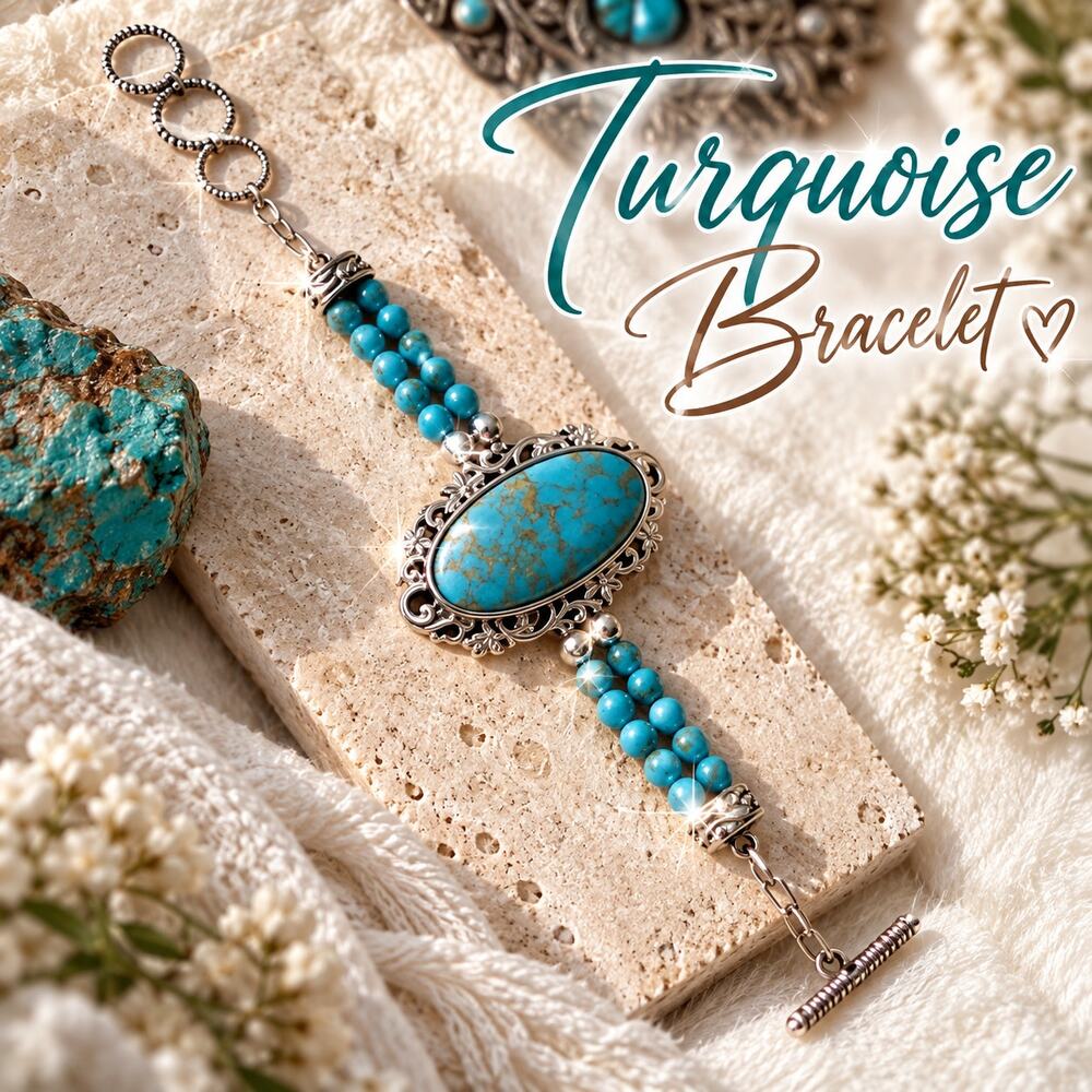 Turquoise Beaded Bracelet Oval Cabochon Silver Filigree Double Strand Boho